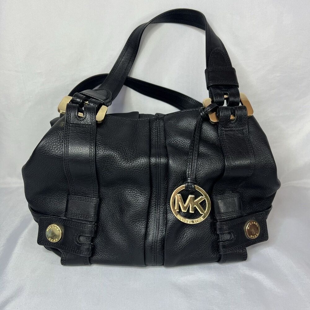 Michael Kors Harness HandBag Leather Gold Tone Shoulder Carry Purse Black Bag